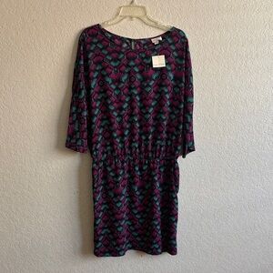 Elegant 3/4 Sleeve Geometric Dress w/pockets- Black, Pink & Teal